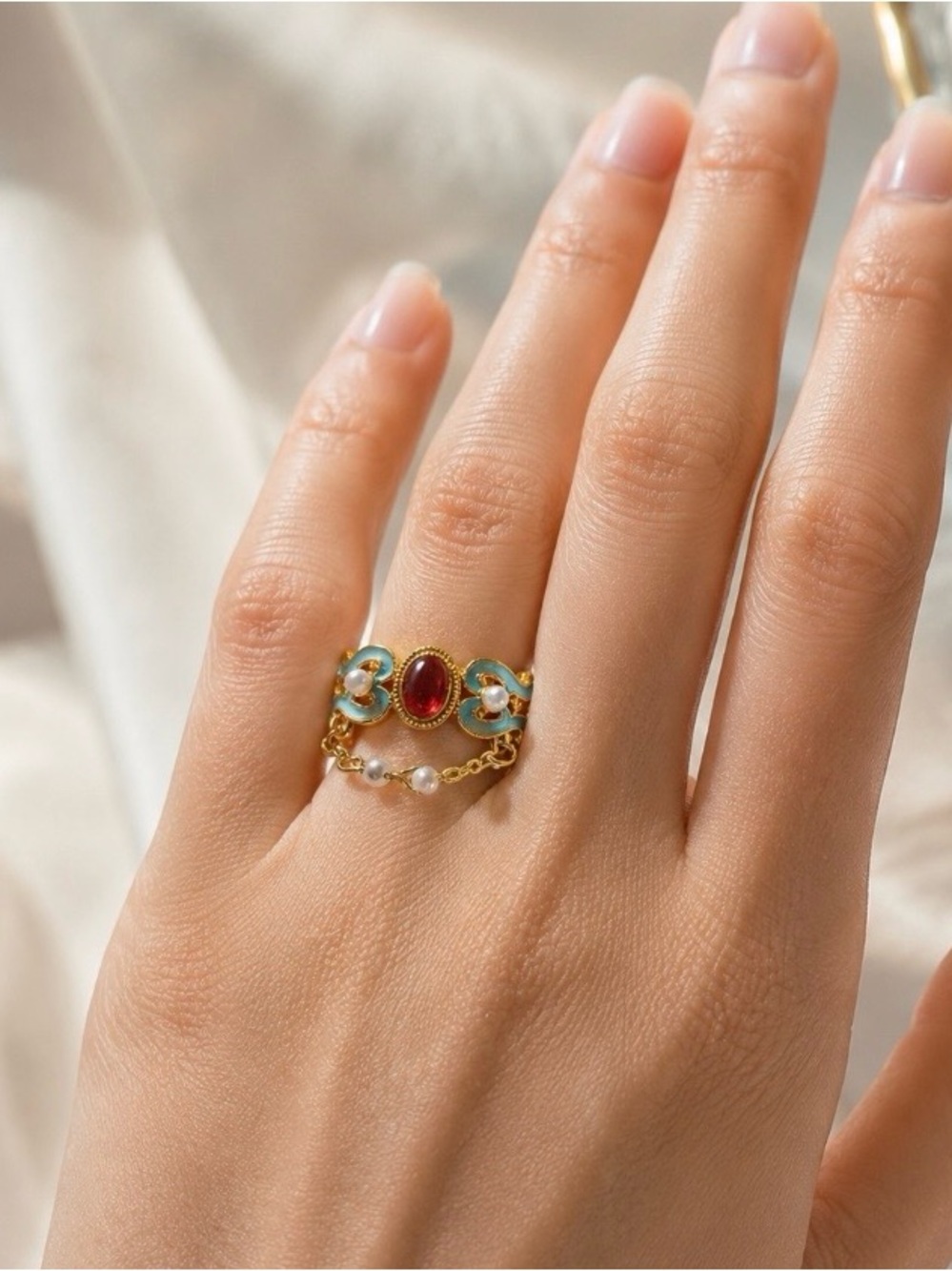 NEW! Vintage style Gold-Tone Turquoise Enamel Ring. Antique style Ring A2-75 - Picture 3 of 3